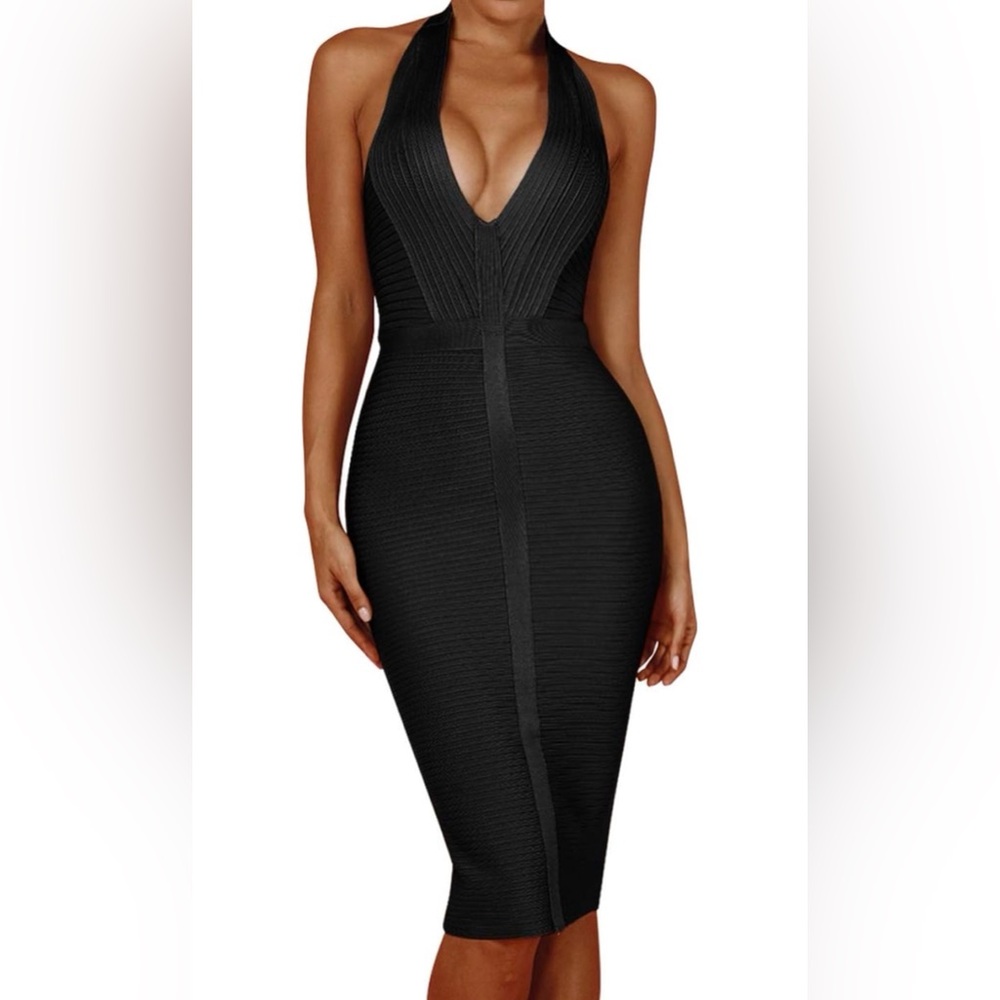 Black Halter Deep V Bandage Midi Dress | Sculpting Bodycon Fit | Size L